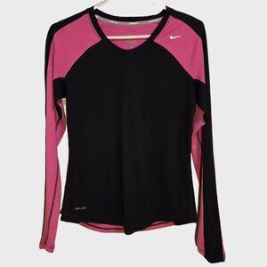 NIKE DRI-FIT Activewear Long Sleeve V-Neck Pullover Hot Pink and Black Women's S
